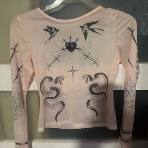 Edgy Y2K Tattoo Print Sheer Mesh Long Sleeve Top